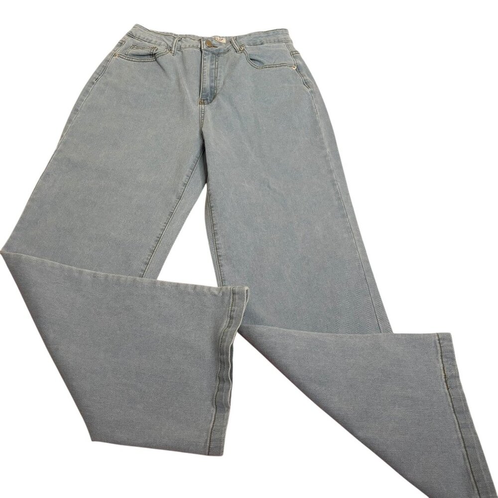 Ettelo Light Wash Denim Jeans Size 14 Wide Leg High Waisted 5 Pocket Button Zip